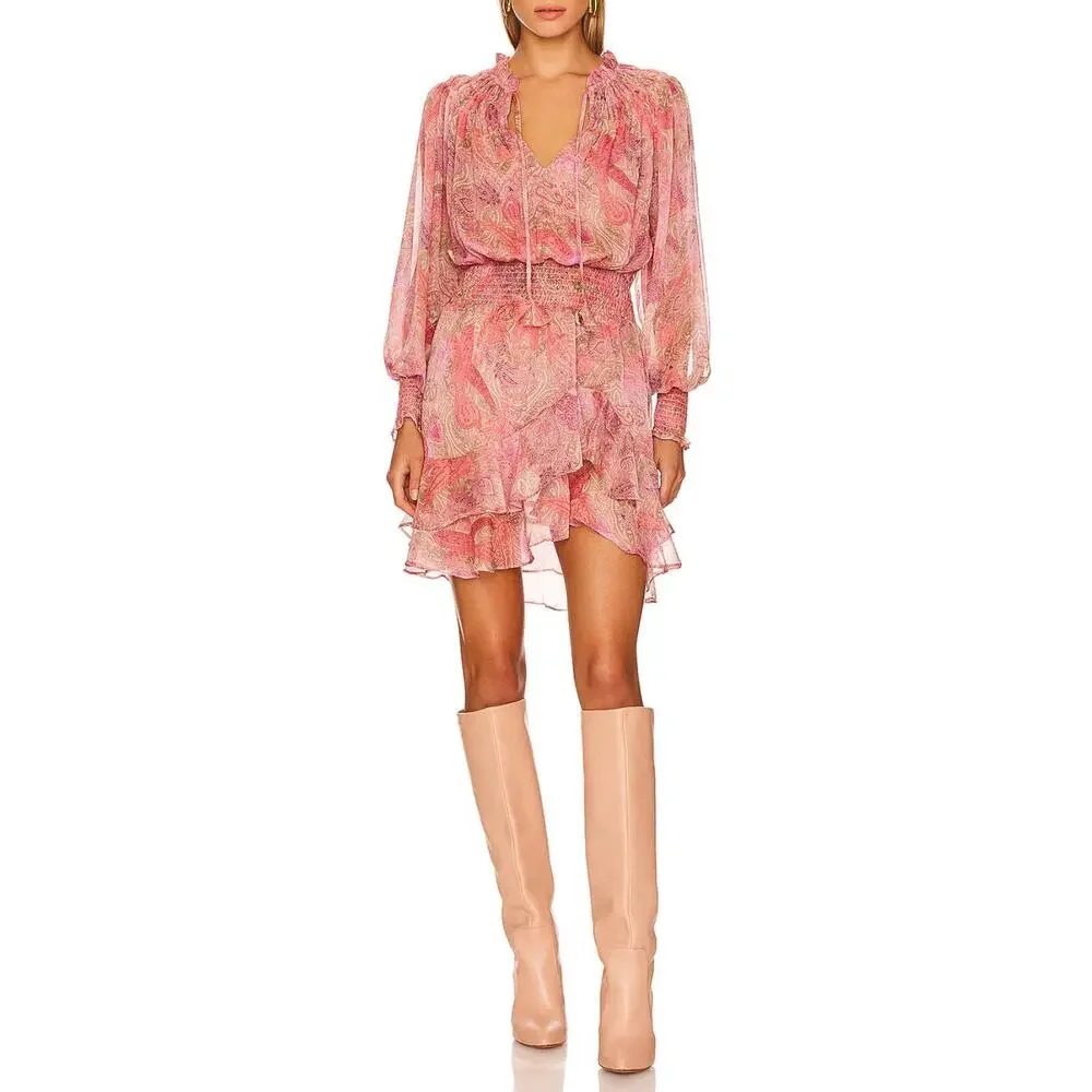 NWT Misa Almaha Mini Dress Small Pink Muted Paisley Ruffle Feminine - Picture 1 of 16